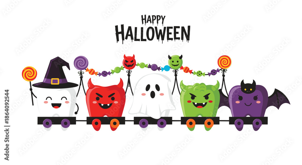 Fototapeta premium Row of happy cartoon teeth dressed in various Halloween costumes traveling on a toy train with festive banners.