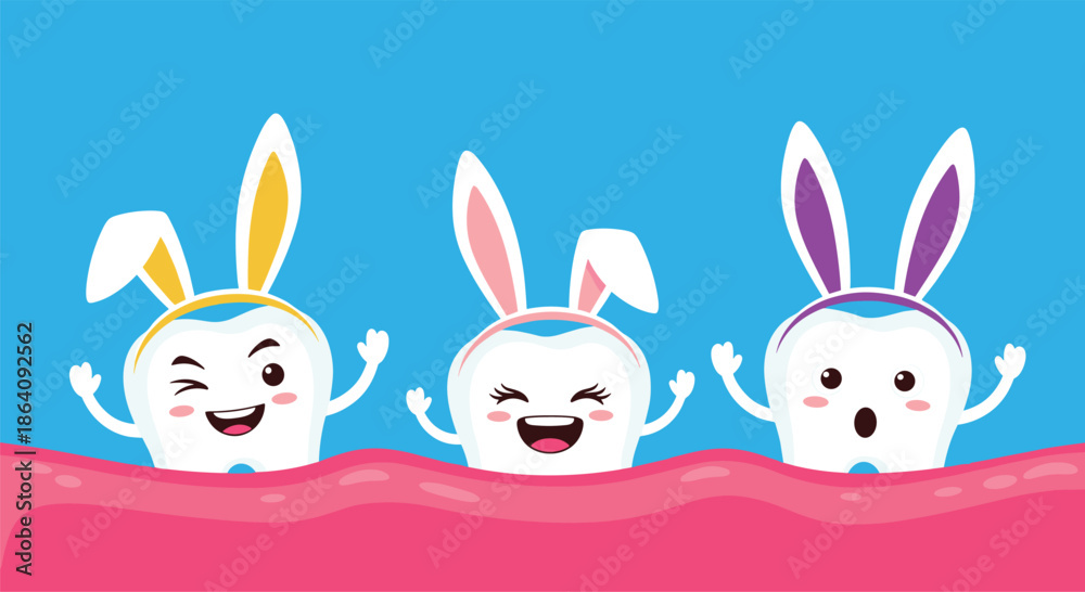 Obraz premium Three happy white teeth characters wearing colorful bunny ear headbands celebrating the Easter holiday together.