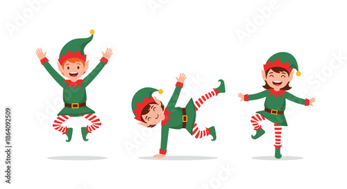 Collection of three joyful Christmas elves jumping and dancing in festive green and red holiday outfits.