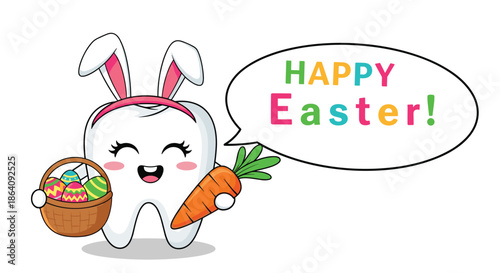 Cute white tooth character dressed in bunny ears for Easter holding a basket of decorated eggs and a carrot.