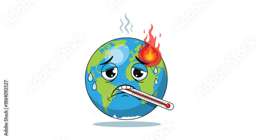 Sad cartoon Earth planet suffering from global warming with a thermometer and sweat drops on a white background.