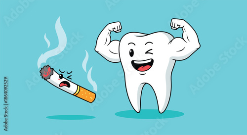 Strong cartoon tooth showing its muscles while an angry cigarette with smoke stands nearby on a cyan background.