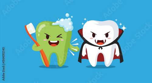 Two cartoon teeth with one being brushed and the other dressed as a vampire character on a bright blue background.