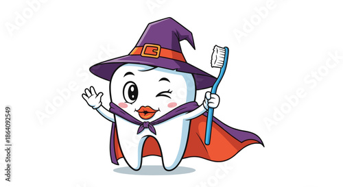 Cute white tooth dressed as a witch with a purple hat and cape holding a blue toothbrush for Halloween fun.