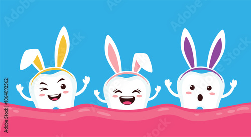 Three happy white teeth characters wearing colorful bunny ear headbands celebrating the Easter holiday together.