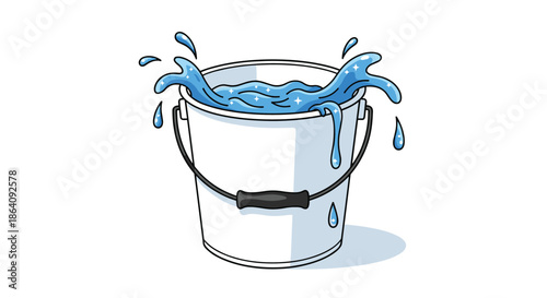 White metal bucket filled with clean blue water splashing over the sides with sparkling drops on a white background.