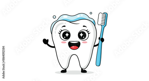 Adorable white tooth character with sparkling eyes holding a blue toothbrush with toothpaste foam on top.