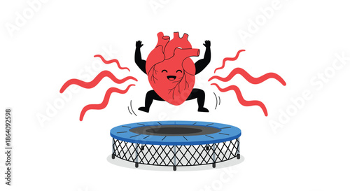 Happy human heart character with arms and legs jumping on a blue trampoline for cardiovascular health concept.