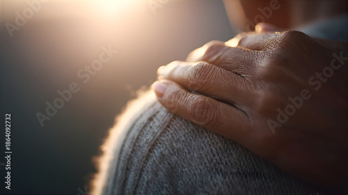 Woman hand touching shoulder close up. Support and empathy on christian week of prayer concept. Human comfort expression.