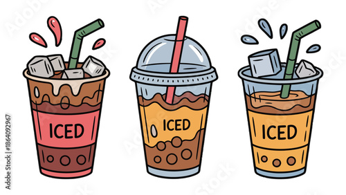 Cool Refreshment Trio: A vibrant illustration showcases three refreshing iced drinks, perfect for a hot summer day, with ice cubes and straws