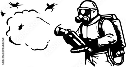 Hazmat Sprayer Repelling Flying Insects in Suit Vector Icon