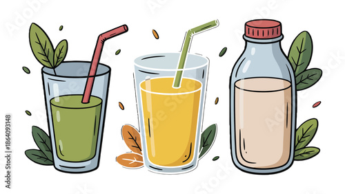 Refreshing Array: A trio of invigorating drinks, each a vibrant elixir. The array boasts a vivid assortment of beverages to quench thirst and refresh the senses.