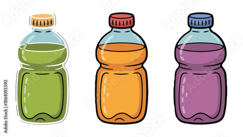 Colorful Drinks: Illustrative rendering of a trio of refreshing beverage bottles, each filled with a different vibrant liquid. Depicting a spectrum of colors, enhancing thirst-quenching vibes.