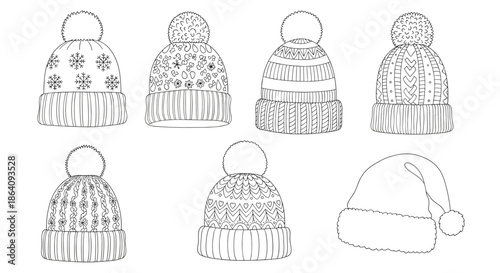 Set of seven hand-drawn winter hats, including six patterned beanies with pompoms and one Santa hat, in a black and white line art style.