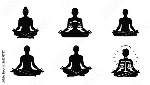 Collection of six black silhouette images featuring individuals in meditation poses, emphasizing balance and spirituality.