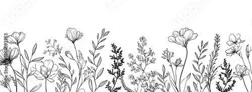 Beautiful line art floral border design. Features diverse flowers and greenery. Monochrome, perfect for any project