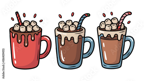 Cozy Cocoa Delights: Three vibrant mugs, overflowing with rich, warm cocoa and fluffy marshmallows, offer a delightful glimpse of comfort and festive cheer.