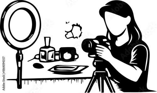 Female Vlogger Setup with Ring Light Camera and Makeup Desk