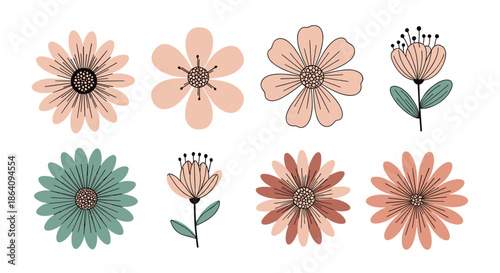 Set of eight beautifully stylized doodle flowers in muted pink and teal colors, featuring simple lines and charming folk art designs.