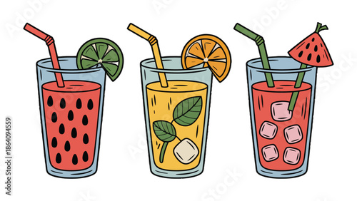 Cool Refreshments: Three vibrant glasses filled with refreshing drinks, garnished with fresh fruit, and topped with straws, perfect for a hot day.