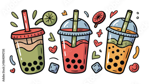 Bubbles of Joy: An artistic collection of vibrant bubble tea beverages, each a delicious concoction. Bursting with refreshing colors, creating a visually appealing composition.