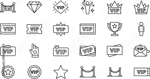 VIP access and premium status outline icon set featuring tickets, badges, awards, exclusivity, and special entry symbols