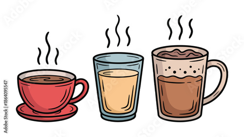 A Trio of Warm Beverages: Delightful image showcasing the essence of warmth, comfort, and the joy of sipping a steaming cup of coffee, tea or other warm beverage.