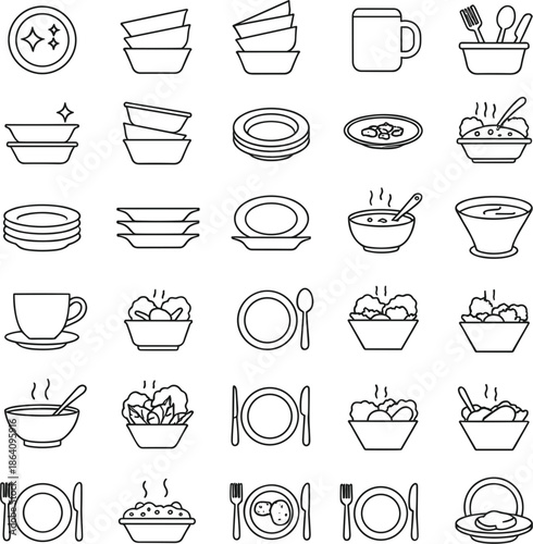 Kitchen tableware and food bowl outline icon set featuring plates, cups, dishes, utensils, and serving essentials