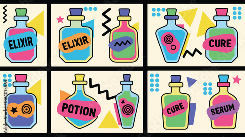 Magic Potion Bottle Icon Set Illustration, Suitable for fantasy games, UI assets, mobile apps, and creative storytelling projects.
