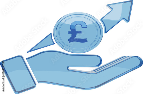 Hand Holding Pound Sterling Coin with Upward Growth Arrow for British Currency and Financial Investment Concept.