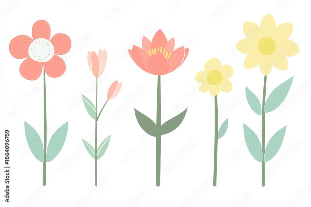 Obraz premium Collection of five simple flower icons with rounded shapes and pastel colors set against a white background, showcasing flat vector style and consistent outline width for design purposes