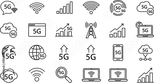 5G wireless network technology outline icon set featuring connectivity, speed growth, mobile devices, and global communication