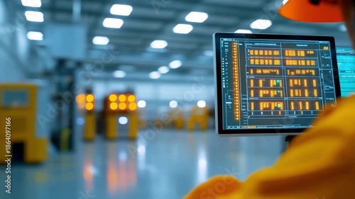 Warehouse Operations: A person monitors data from a terminal in an industrial environment, the image encapsulates the essence of logistical efficiency and modern production.