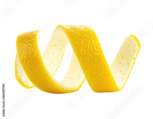 Isolated bright yellow spiral of a lemon peel against a black background