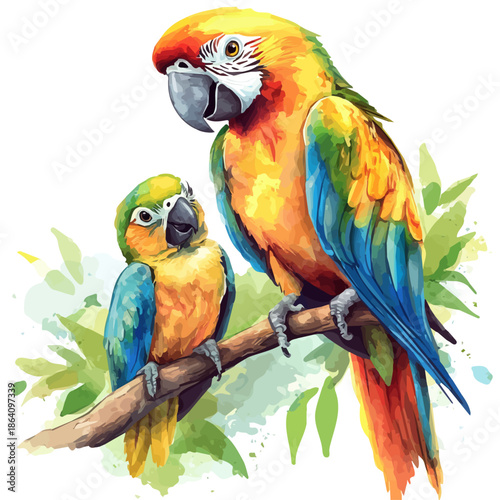 watercolor of Mother Parrot With Her Kid graphic, isolated on a white background.