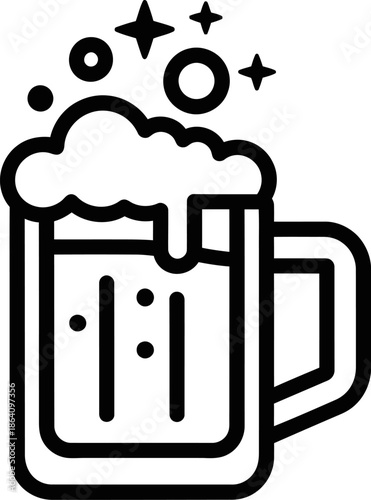 Outline drawing of single beer mug filled with beverage showing bubbles and foam decorated with shining stars and circles vector art