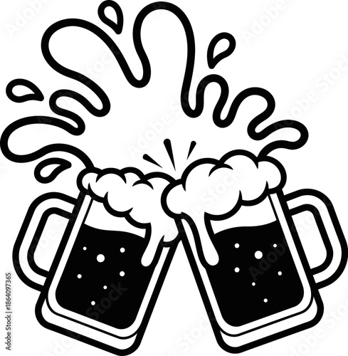 Two heavy beer steins clashing together creating dynamic liquid splash and foamy overflow for a festive drinking concept vector graphic
