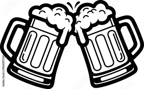 Pair of outlined beer mugs clinking in a toast, showcasing the empty glasses with foamy tops in a clean black and white vector illustration on a transparent background