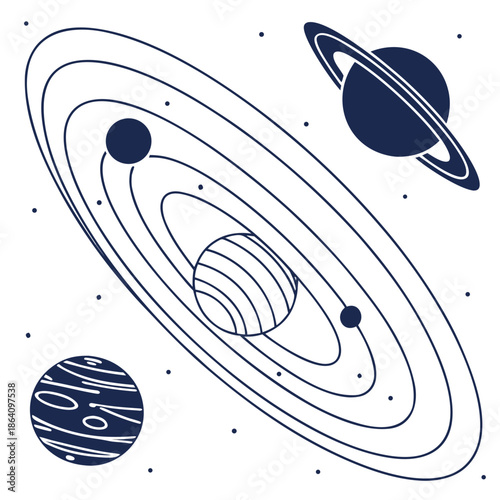 Dark blue planets and rings in space with motion arcs