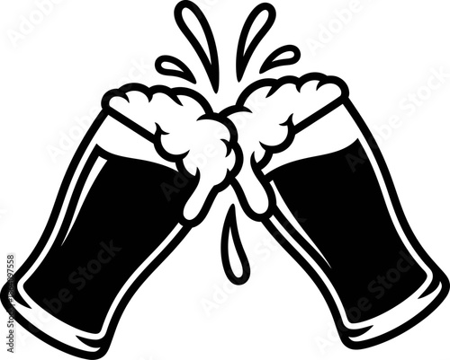 Two beer mugs clinking together with frothy beer and splashes celebrating toast with refreshing beverage in vector graphic illustration for festive occasions