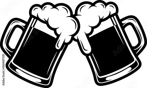 Pair of frothy beer glasses clinking in toast celebrating good times with refreshing alcoholic beverage in stylized vector graphic design for Oktoberfest and events