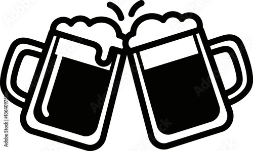 Two beer mugs clinking together with frothy beer and splashes celebrating toast with refreshing beverage in vector graphic illustration for festive occasions