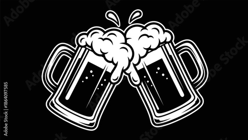 Dynamic image of two beer mugs clinking together, spilling frothy white foam against a stark black background, rendered in a crisp vector art style