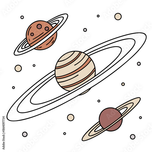 Cartoon planets with rings orbiting in space astronomy