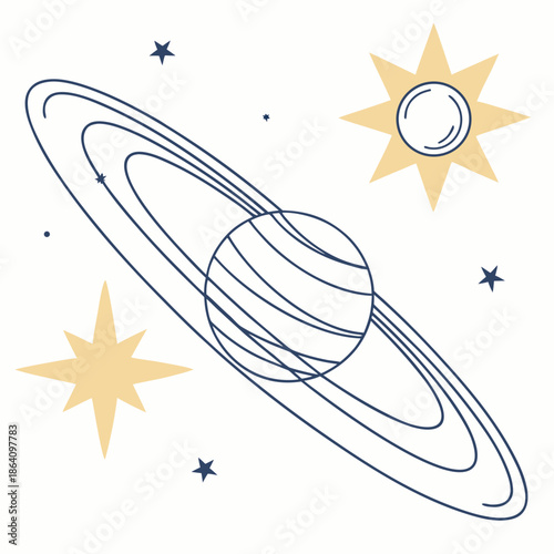 Planet with rings and two stars in space astronomy