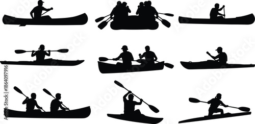 Paddling silhouette, kayak canoe raft, water sport vector, outdoor adventure, black icons, rowing action, group activity, recreational boating, aquatic motion, 