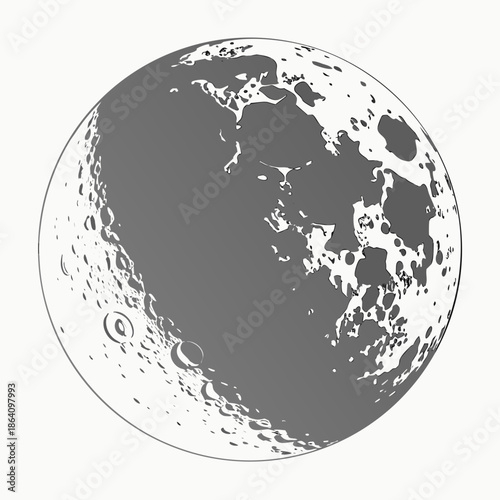 Realistic grayscale moon texture with craters and shadows on white background