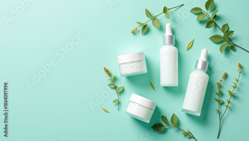 Wallpaper Mural Minimalist skincare flatlay with mockup jars and dropper bottles in clean organic style in soft teal and pastel colors representing natural beauty routine, botanical skincare branding,copy space Torontodigital.ca