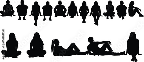 People sitting silhouettes collection showing men and women in relaxed seated poses, casual lifestyle and leisure activities, black vector illustration set