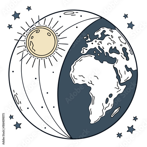Night and day hemispheres on planet Earth with sun